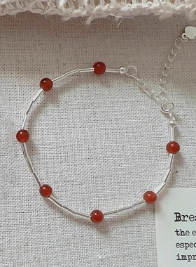 Margot手作复古风红玛瑙串珠磷灰石串珠手链女撞色弹力绳叠带手饰