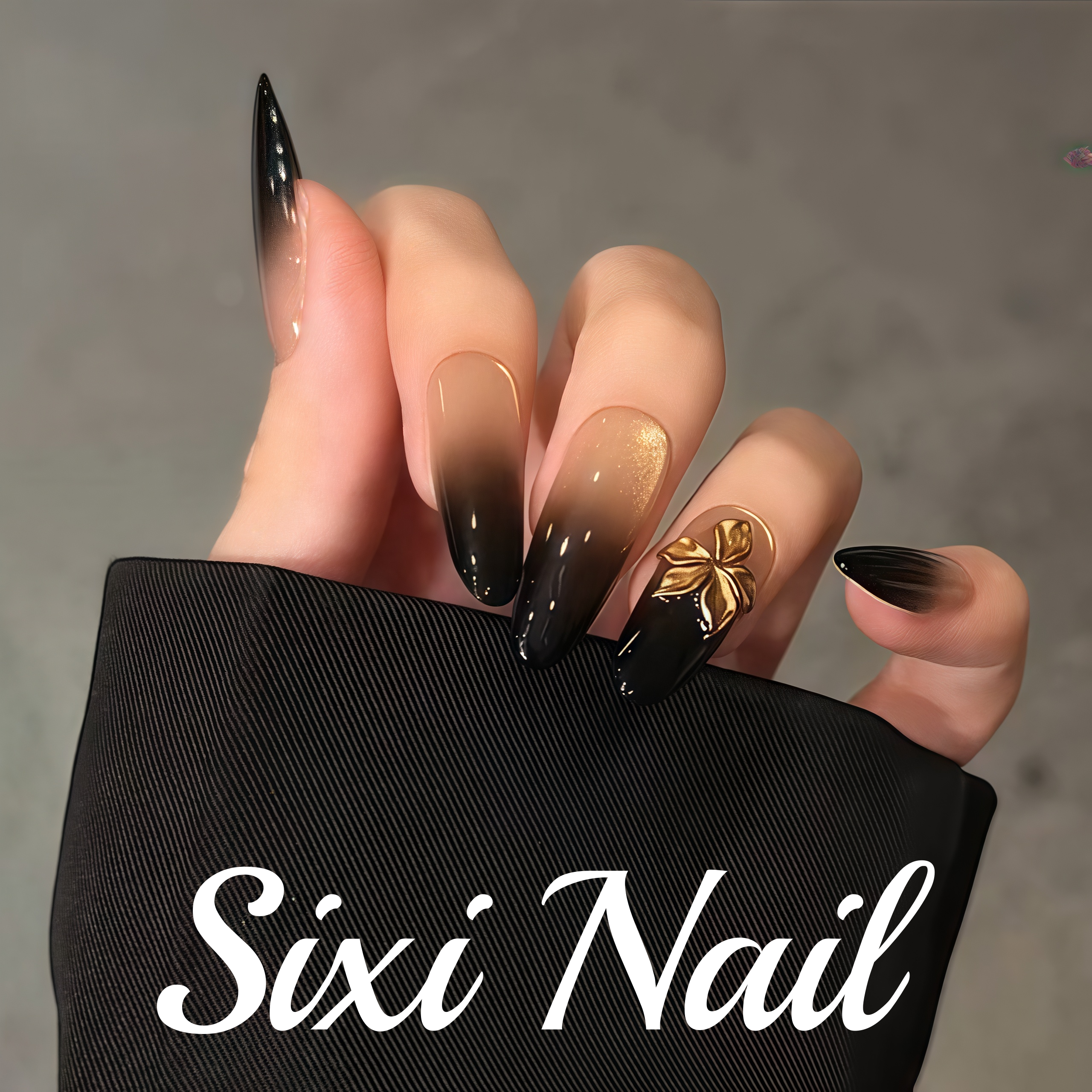 黑金【雕花】高级法式渐变猫眼显白长款纯手工穿戴甲美甲贴片指甲,淘宝优惠券,粉丝福利购,淘宝优惠卷