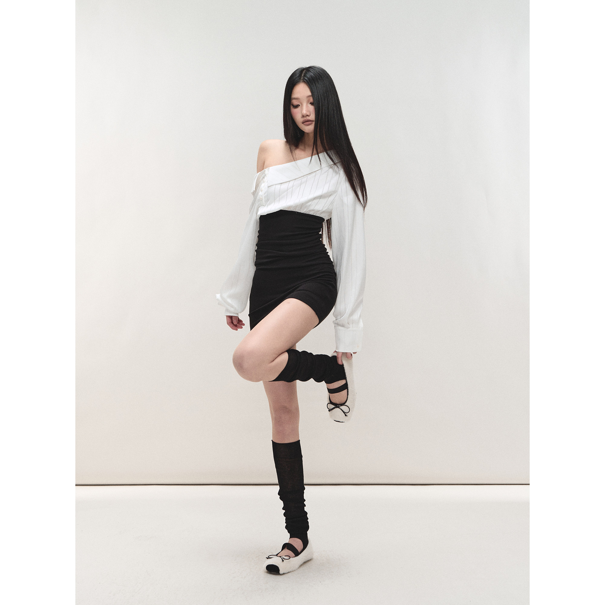 PEMPL 撞色条纹拼接斜肩衬衫裙女修身辣妹性感包臀短裙针织连衣裙,淘宝优惠券,粉丝福利购,淘宝优惠卷