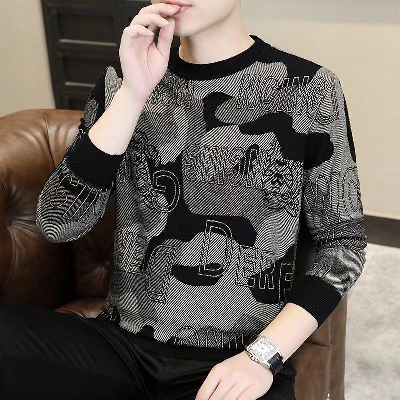 欧洲站毛衣男冬季高端提花休闲打底衫男款加绒加厚内搭针织羊毛衫