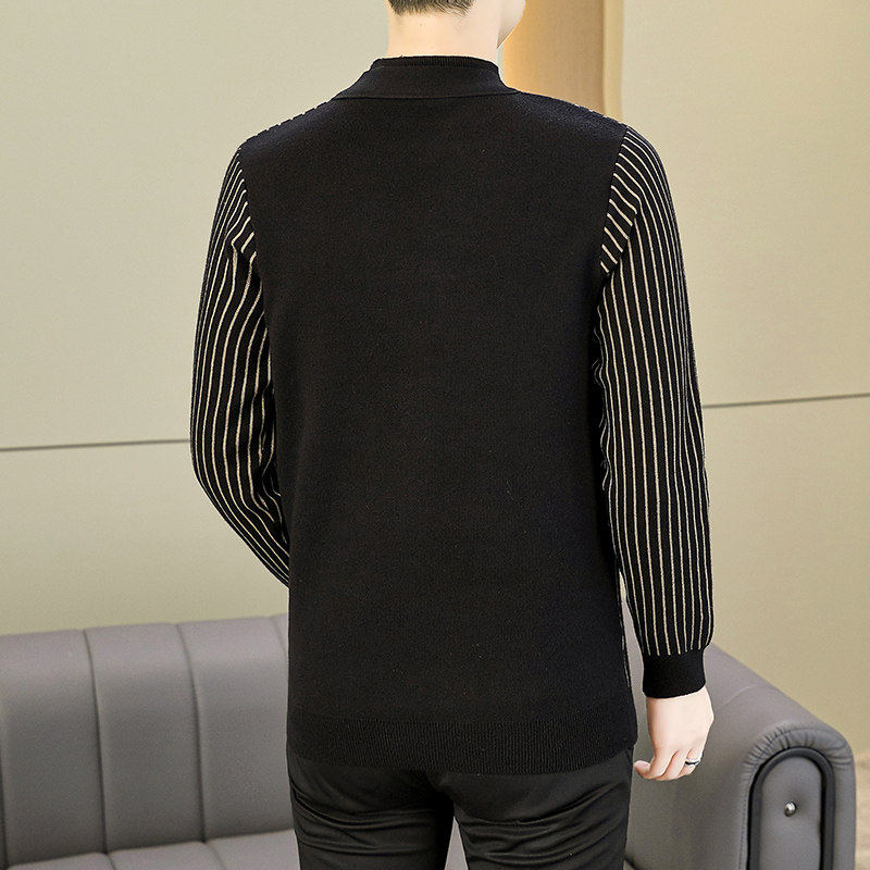 高档假两件竖条纹毛衣男冬季潮流修身V领针织羊毛衫男款显瘦上衣