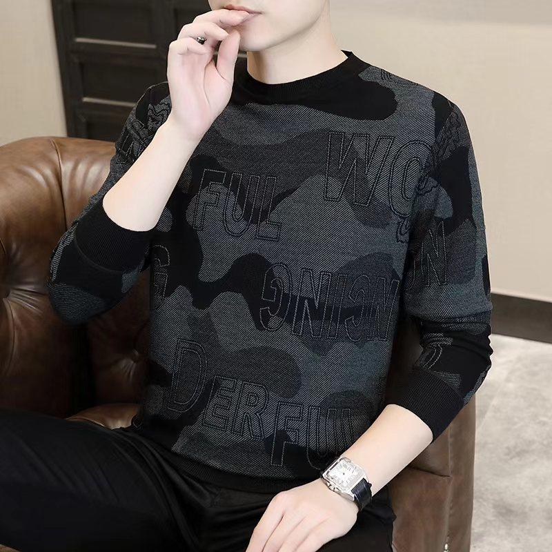 欧洲站毛衣男冬季高端提花休闲打底衫男款加绒加厚内搭针织羊毛衫