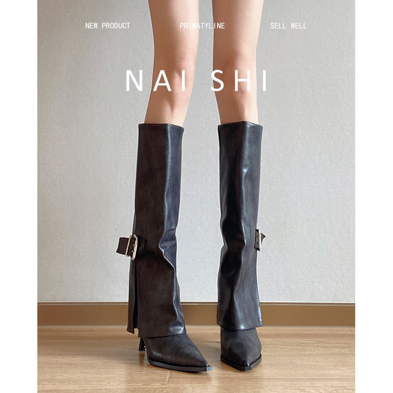 羊皮版！尖头骑士靴女皮带扣高跟裤管靴细跟高筒直筒靴显瘦长靴,淘宝优惠券,粉丝福利购,淘宝优惠卷