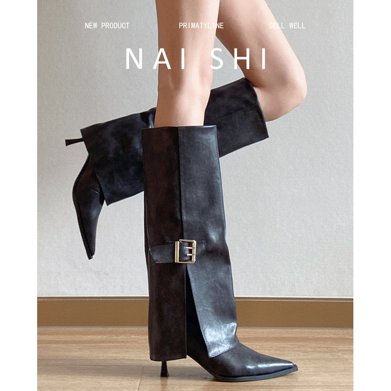 羊皮版！尖头骑士靴女皮带扣高跟裤管靴细跟高筒直筒靴显瘦长靴,淘宝优惠券,粉丝福利购,淘宝优惠卷
