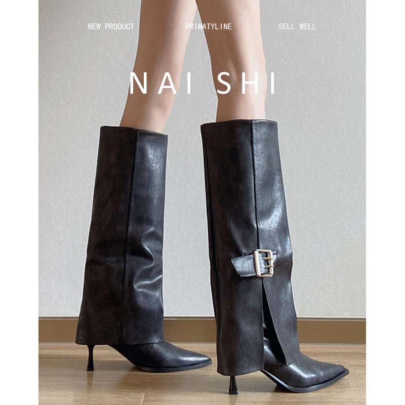 羊皮版！尖头骑士靴女皮带扣高跟裤管靴细跟高筒直筒靴显瘦长靴,淘宝优惠券,粉丝福利购,淘宝优惠卷