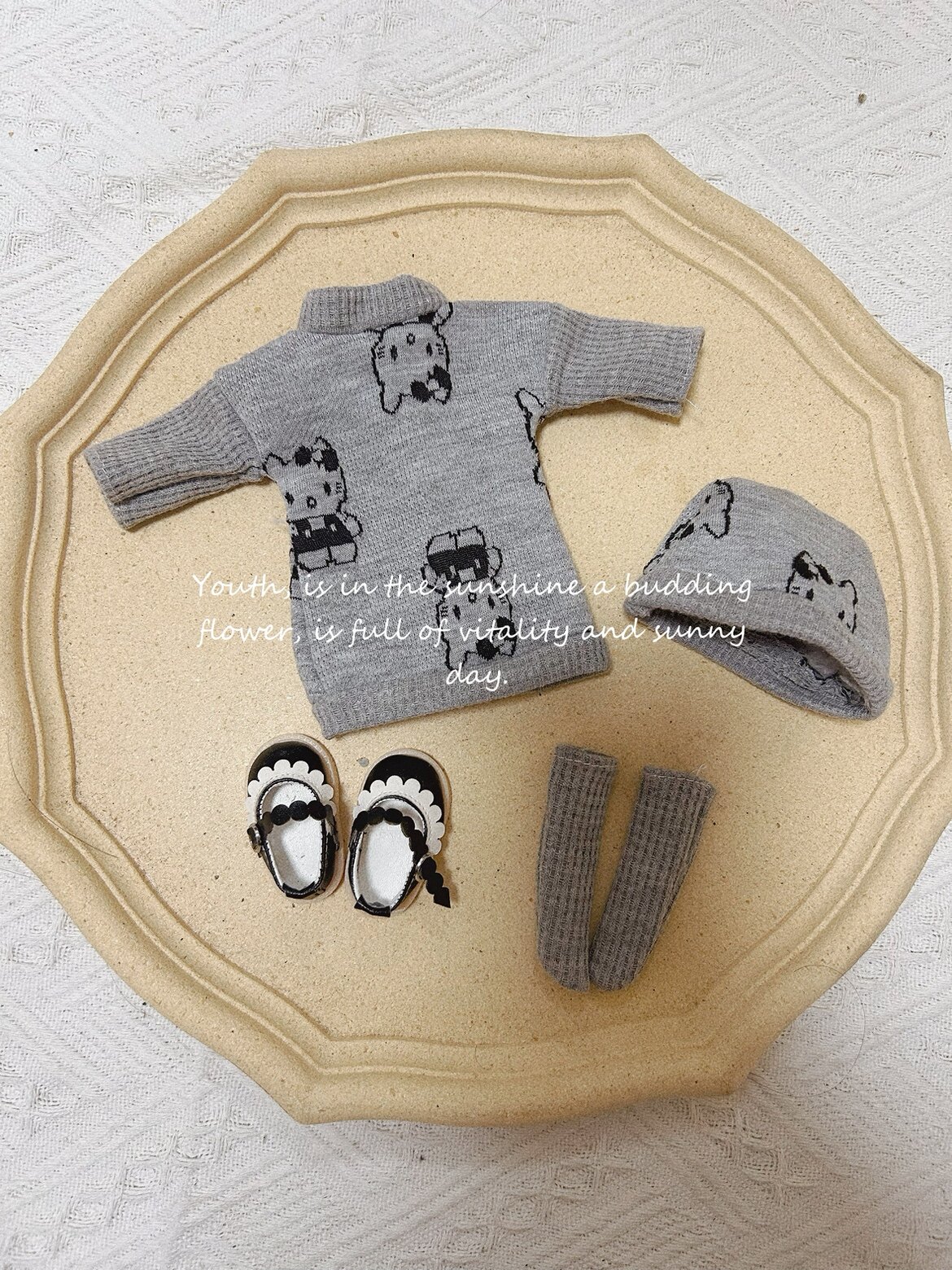 bjd6分娃衣套装灰色猫咪卫衣毛衣帽子袜子可爱30cm胖体娃娃衣服 - 图0