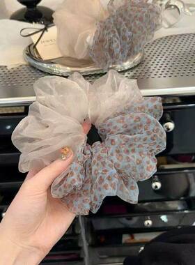 氛围感欧根纱蓝色豹纹双拼接大肠发圈女新款显发量扎头绳发圈头饰