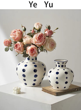 YE YU 北欧简约蓝色菱格陶瓷花瓶高级感轻奢波点插花器客厅摆件