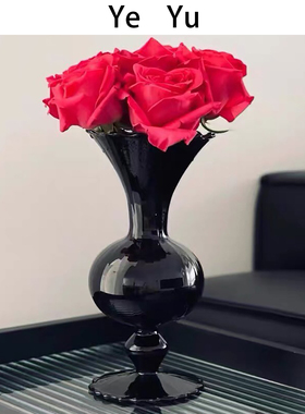 中古黑硝子玻璃花器黑花瓶客厅