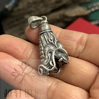 越轩银匠S925银材质的龙头造型饰品配复古风格的银饰品狼牙吊坠套