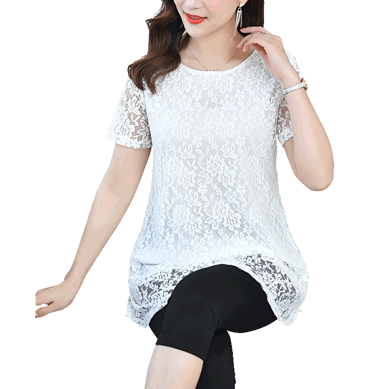 夏装短袖白色蕾丝洋气大码打底衫 mfaithful蕾丝衫/雪纺衫