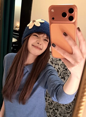 蓝色立体花朵针织帽女秋冬韩系甜美显脸小毛绒保暖护耳套头毛线帽