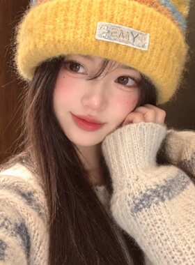 暖黄色冷帽针织帽条纹女秋冬加厚保暖韩版萌百搭显脸小护耳毛线帽