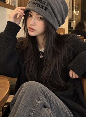灰色针织堆堆帽女秋冬韩版百搭保暖包头显脸小气质软糯款护耳冷帽