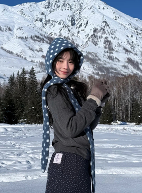 小众设计帽子围巾一体女冬季保暖连帽波点羊羔毛大脸显脸小护耳帽