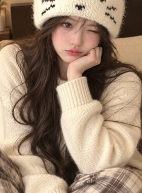白色冷帽针织帽毛线帽猫耳女秋冬新款加厚保暖韩版护耳百搭显脸小