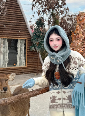 小众费尔岛风连帽毛绒帽女冬季保暖雪地帽可爱少女风毛绒护耳帽子