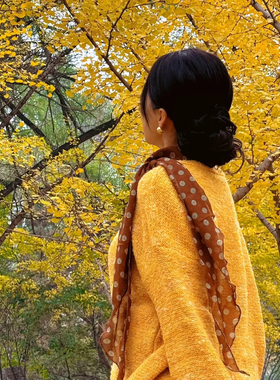 秋日氛围感棕色丝巾女宽松软糯披肩高级感围巾波点长条绑带发带薄