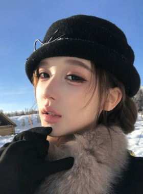 复古毛绒帽子女冬季保暖礼帽黑色时尚百搭法式赫本风留洋千金盆帽