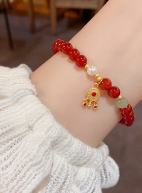 新中式时尚简约百搭红色串珠弹力绳手串气质轻奢复古本命年手饰品