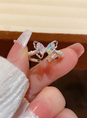 小清新时尚轻奢彩色镂空蝴蝶开口戒个性甜美百搭高级感超闪食指戒