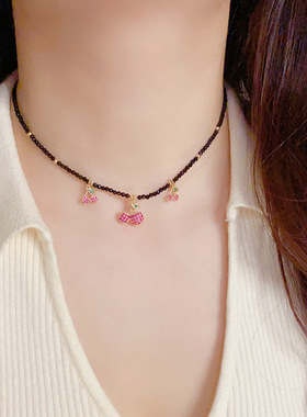 小众气质简约小清新黑水晶樱桃流苏项链个性时尚甜酷冷淡风锁骨链
