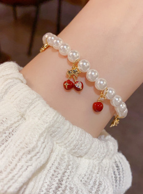 欧美跨境个性时尚温柔百搭芒星红色樱桃珍珠手链气质甜美清新手饰