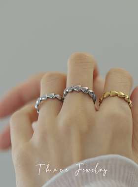 THREE爱心连结 连排桃心开口戒不掉色钛钢ins小众设计感叠戴指环