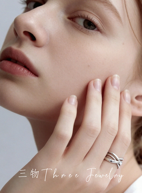 三物THREE~S925纯银交叉线条戒指女优雅小众高级感做旧开口指环