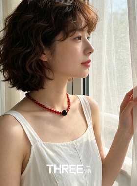 韩系复古红黑撞色串珠choker叠戴桃心吊坠长项链锁骨链女