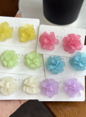 夏季新款多巴胺黄色蓝色贝壳花瓣耳钉小众设计感甜美森系花朵耳环