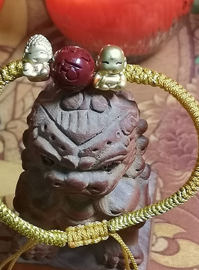 手工编织绳Q版如来佛弥勒佛999纯银镀沙金朱砂六字真言手饰/手链