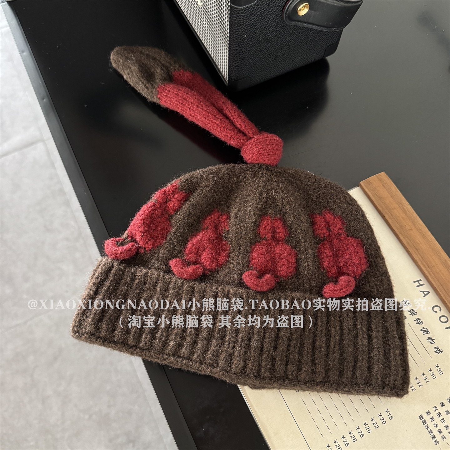 韩版可爱钩花立体小猫咪尾巴毛线帽女保暖护耳冬季休闲厚实针织帽 - 图2