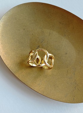 韩国东大门同款925纯银镂空戒指女镀金个性简约锁链食指指环包邮