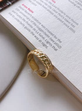 韩版锆石纯银戒指女简约s925银金色链条镶钻精致小众指环开口设计