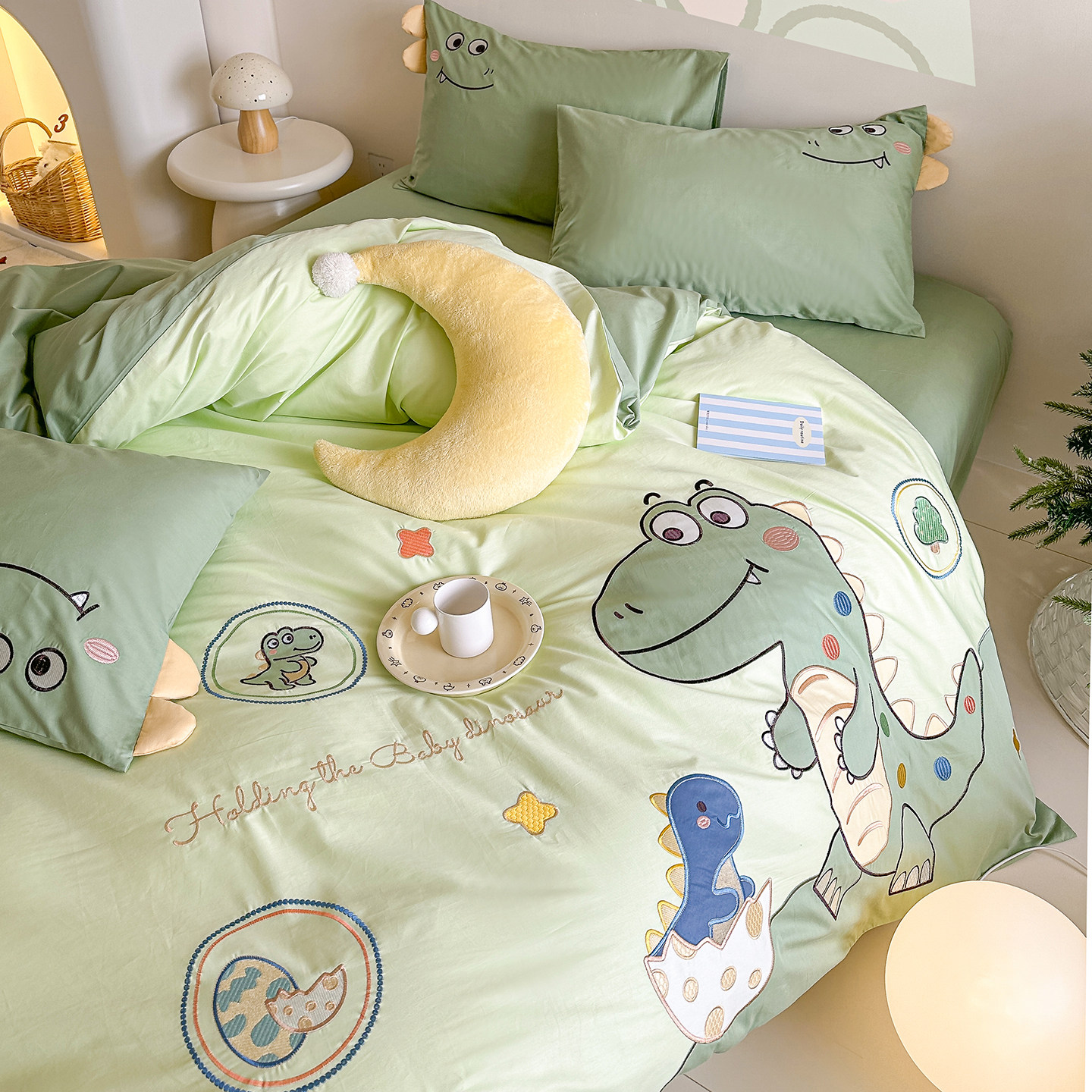 男孩儿童全棉床上用品三件套男童100纯棉卡通四件套1.5床笠恐龙绿,淘宝优惠券,粉丝福利购,淘宝优惠卷