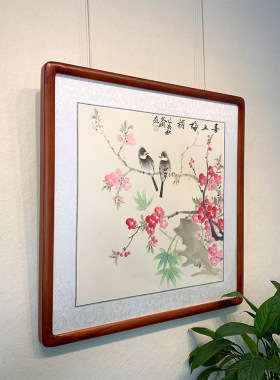 喜上斗方手绘餐厅卧室有框花鸟画