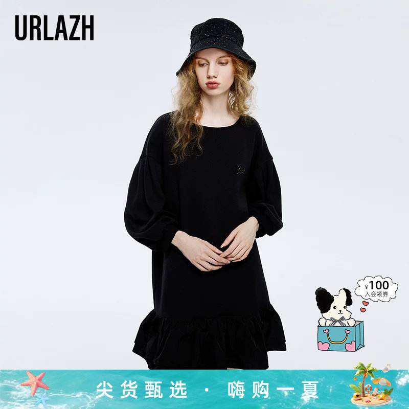URLAZH有兰新款复古洋气黑色气质娃娃裙长袖设计感泡泡袖连衣裙