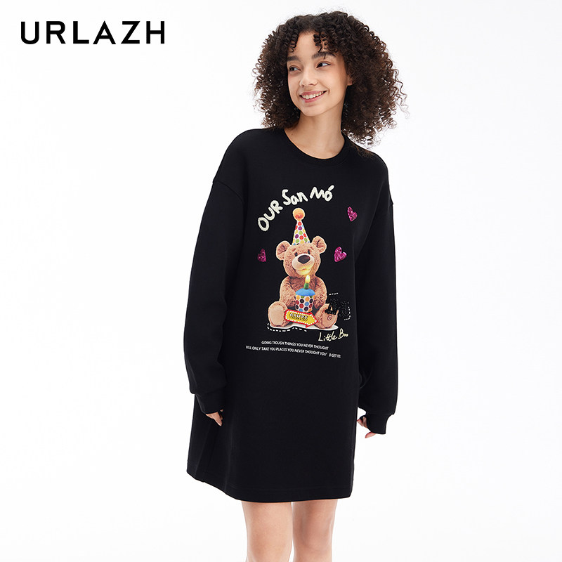 URLAZH有兰新款慵懒风简约百搭黑色宽松长袖圆领印花休闲卫衣裙,淘宝优惠券,粉丝福利购,淘宝优惠卷