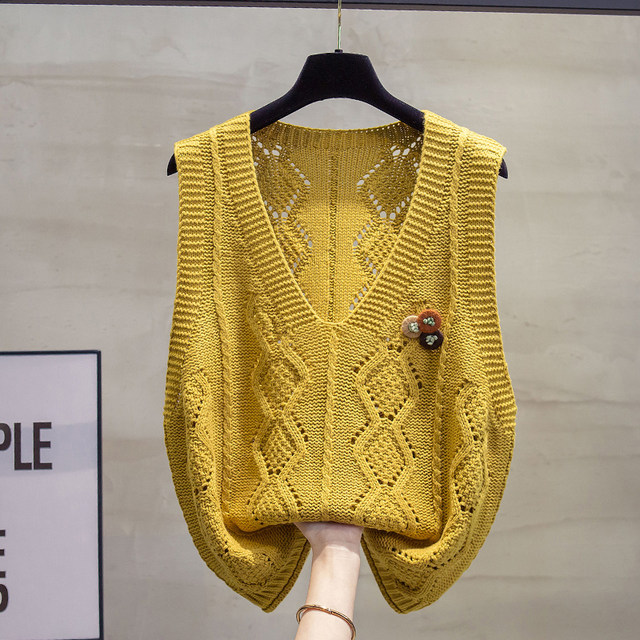 Cotton and linen v-neck knitted vest hollow sweater waistcoat