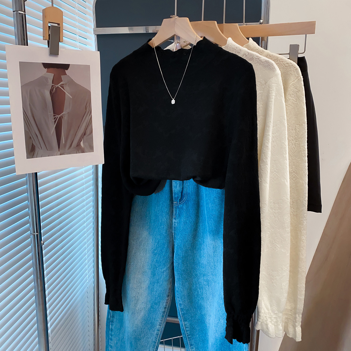 蕾丝半高领毛衣女喇叭袖打底衫2025秋冬新款宽松针织衫内搭上衣潮,淘宝优惠券,粉丝福利购,淘宝优惠卷