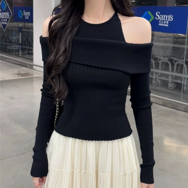 秋冬温柔假两件露肩一字肩针织上衣女纯欲甜美粉色修身打底衫毛衣,淘宝优惠券,粉丝福利购,淘宝优惠卷