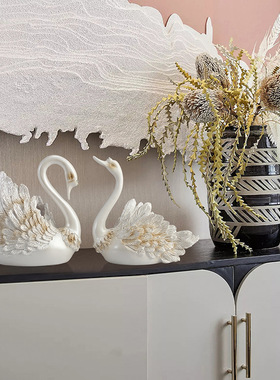 欧式轻奢客厅摆件高级感 情侣黑天鹅装饰工艺品 家居饰品