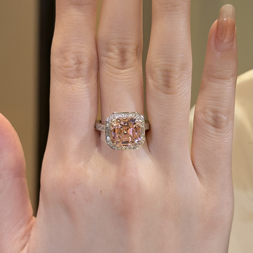 蕾迪「情书」一见钟情的橘粉色｜冰粉方钻s925银镀真金戒指女时尚 - 图1