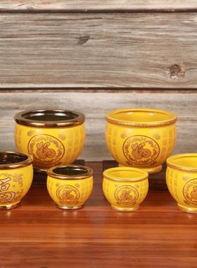 百福缸陶瓷米缸黄色百福缸金边黄聚宝盆聚福招财进宝家用客厅摆件