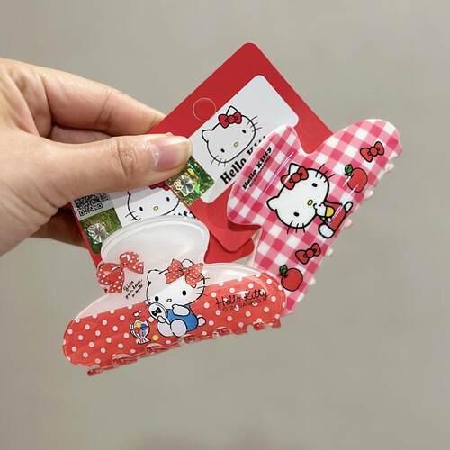 正版三丽鸥波点红色抓夹子kitty猫甜美蝴蝶结发抓少女洗澡鲨鱼夹 - 图0