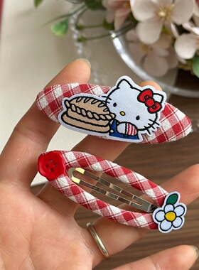 凯蒂猫红蓝格BB发夹布艺碎发边夹
