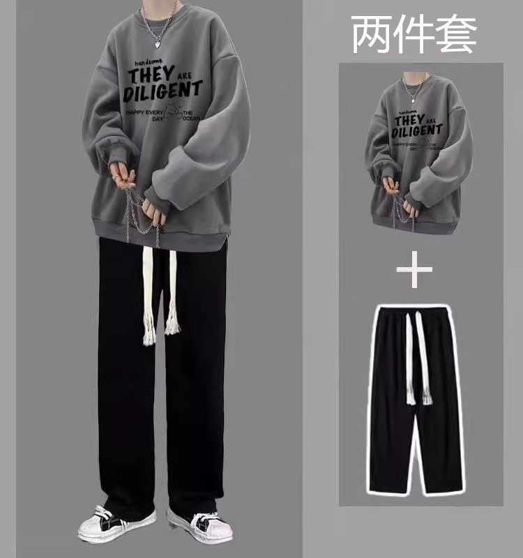 秋冬款休闲卫衣套装男生帅气加绒加厚一套搭配潮流宽松男装两件套,淘宝优惠券,粉丝福利购,淘宝优惠卷