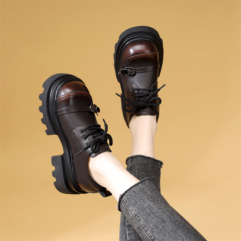 欧洲站爆款厚底乐福鞋女设计感圆头交叉绑带增高小皮鞋复古风女鞋,淘宝优惠券,粉丝福利购,淘宝优惠卷