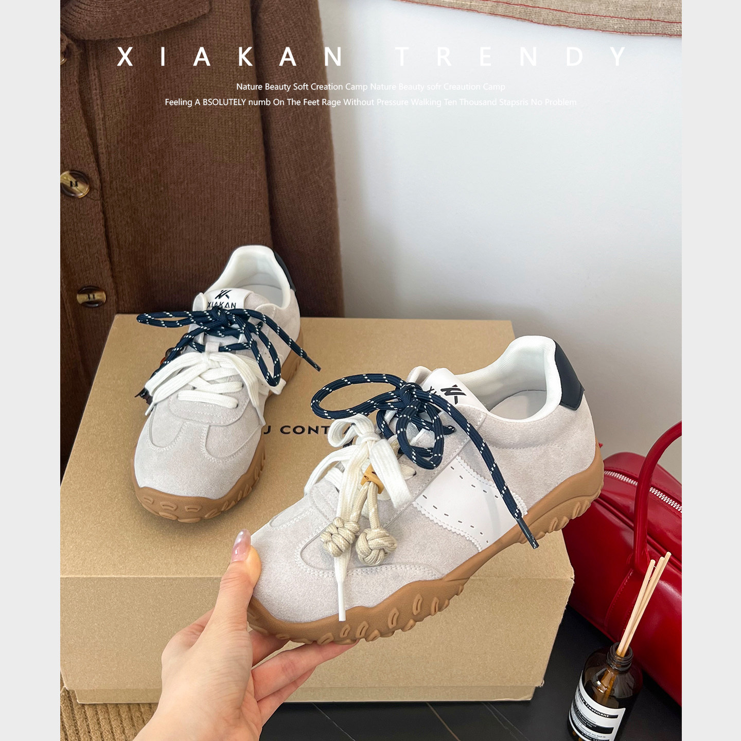 品牌清仓真皮德训鞋女2025新款复古百搭休闲运动板鞋防滑软底女鞋,淘宝优惠券,粉丝福利购,淘宝优惠卷